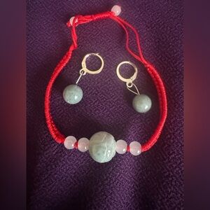Genuine  Green Jadeite Bead Bracelet and Earring Set with Red Cord
